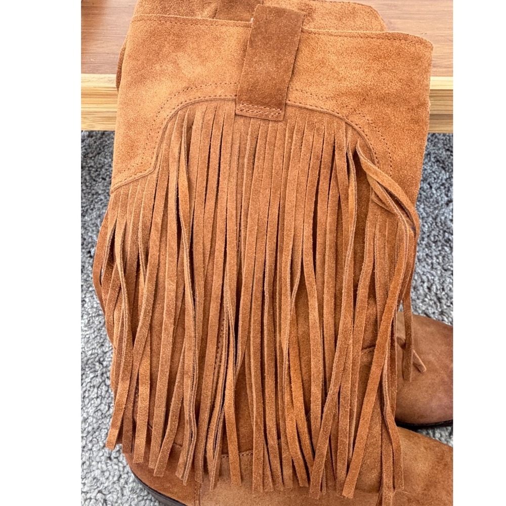 Lucky Brand Brown Suede Fringe Western Boots Womens 8M Cognac Boho Pull On - Picture 16 of 16
